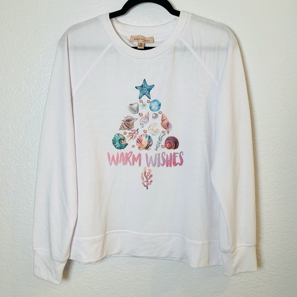 Philosophy "Warm Wishes" White Sweatshirt Womens Medium Seashells Christmas